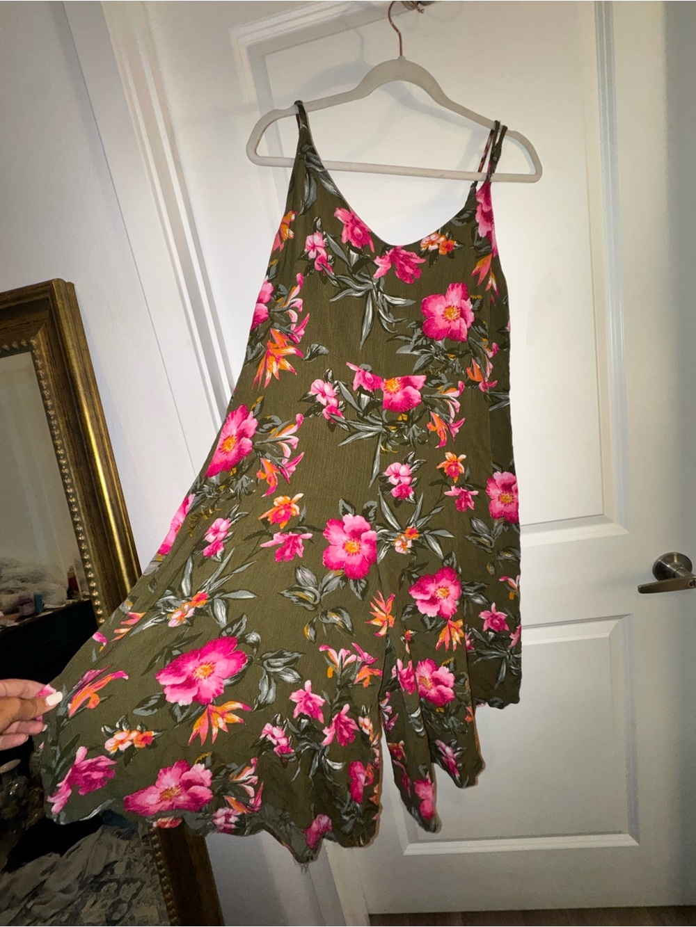 🟦Women’s Olive Green Floral Jumpsuit with Pink Bloom Print